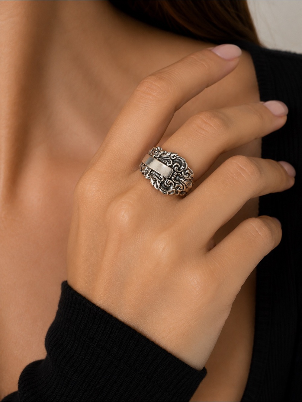 Intricate Antique-Style Silver Scroll Ring - Silver